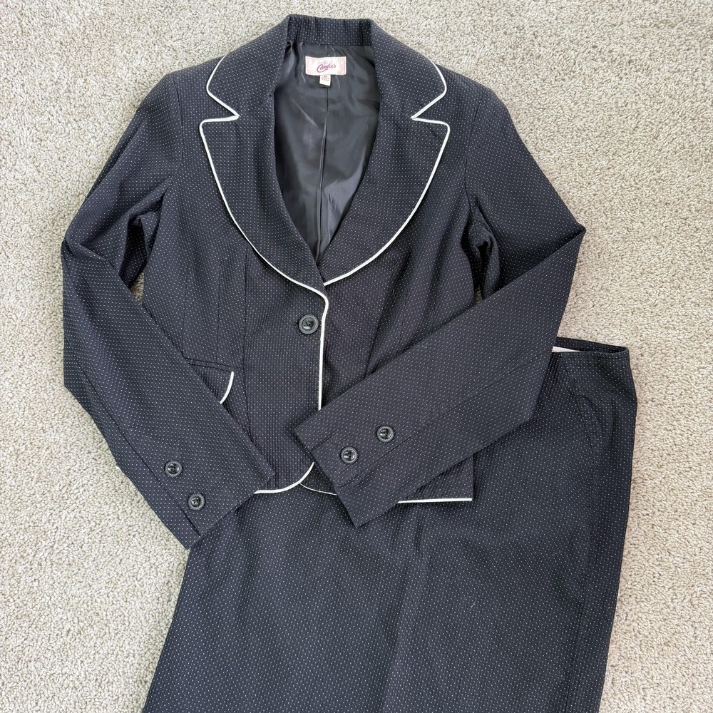 Y2K Candie's Pant Suit Womens M Black Polka Dot 2 Piece Jacket Pants Work Career